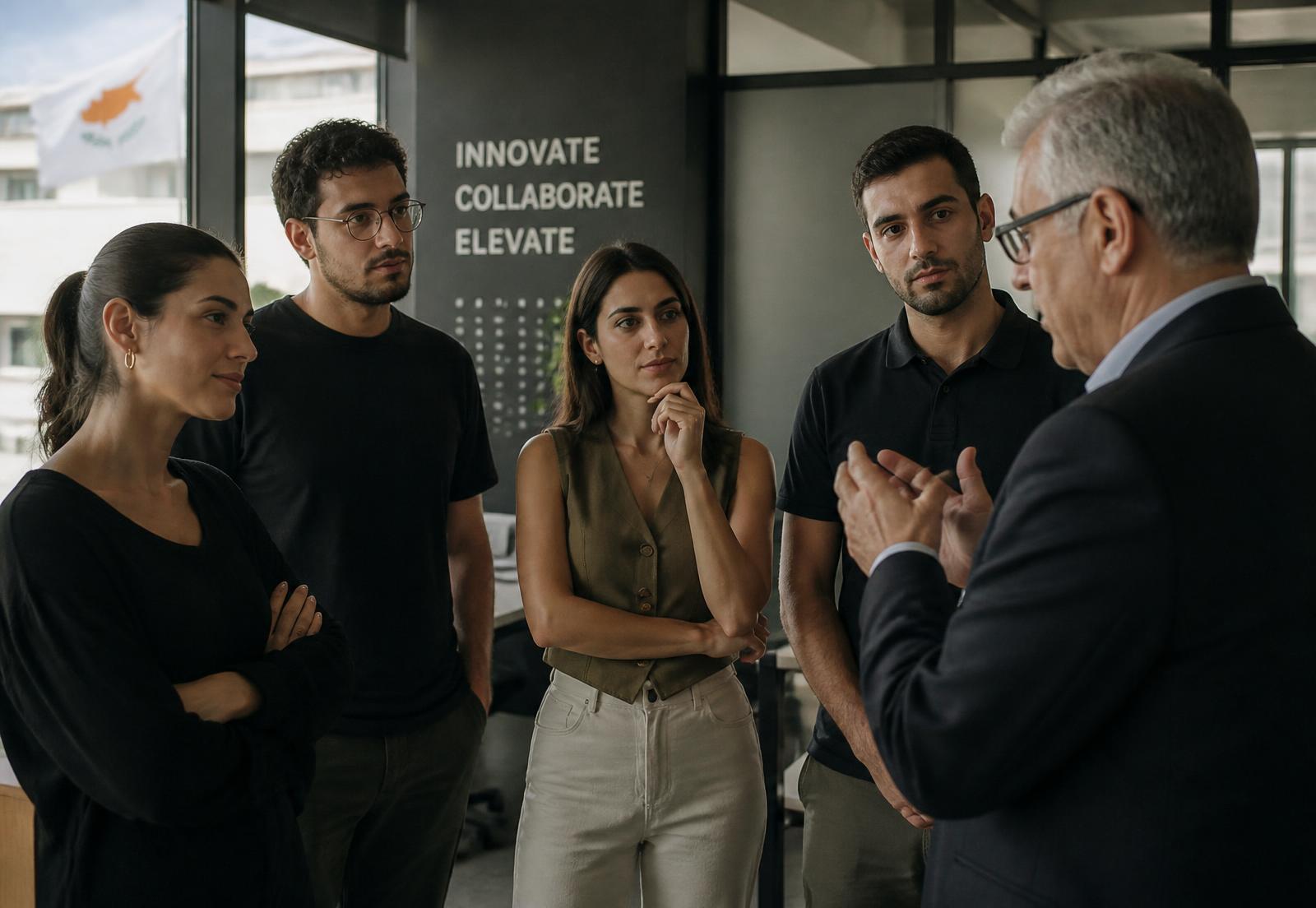Young people in conversation with a senior business leader